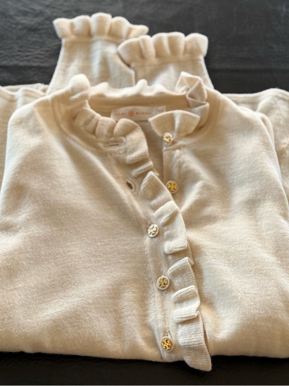 Tory Burch Cream Ruffle-Trim Button Cardigan